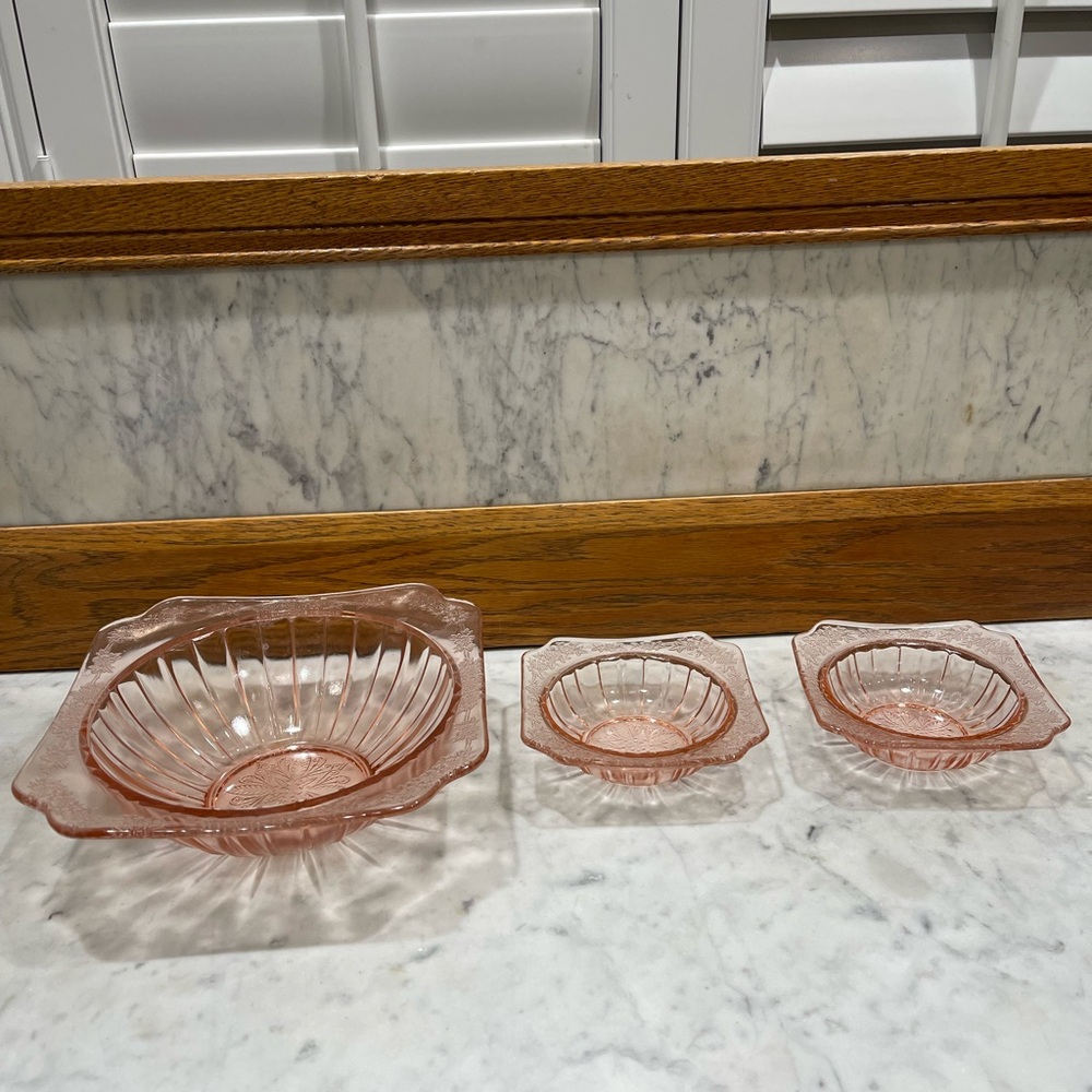 vintage Pink Depression Glass Serving Bowl & 2 Berry Bowls in the Adam pattern